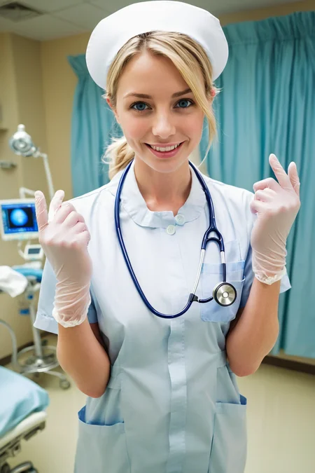 (RAW photo, best quality), wide angle photo, masterpiece, 1girl, natural lighting
hospital, operating room, surgical gloves,
(((White))) nurse uniform smooth, nurse, nurse hat, stethoscope,
Caucasian, blonde, blue eyes, light smile,
dslr, focused, blurred background,
<lora:nurse_uniform_xl_v1_1-000003:1>
