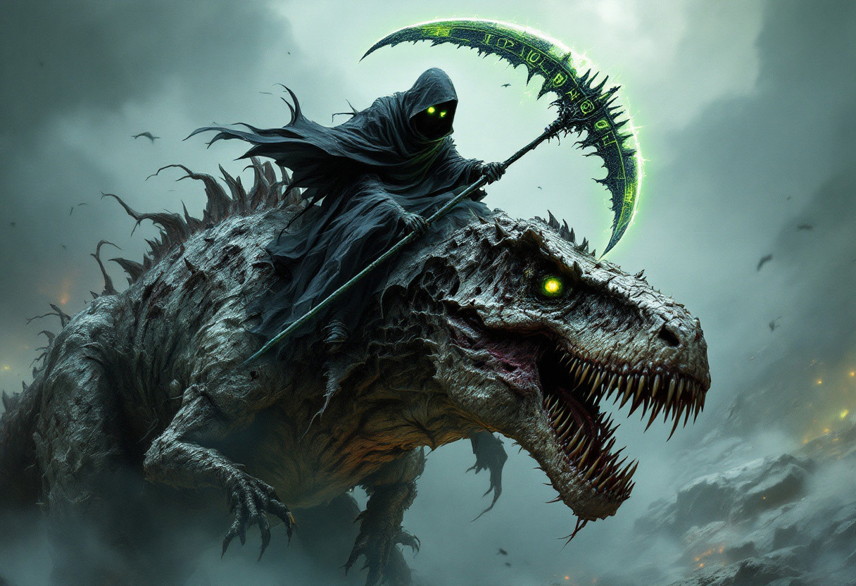 A chilling artwork featuring a horrifyingly transformed T-Rex dinosaur, now a decaying and fearsome zombie. Its rotting flesh exposes bones and sinew, with glowing, hollow eyes that emit an eerie light. The once-majestic creature now has tattered skin covered in dark necrotic patches, and its jagged, stained teeth hint at its gruesome meals. Atop this monstrous mount, a dark, ghostly figure cloaked in a billowing, ethereal robe sits with its face obscured by the hood, revealing only glowing eyes. The rider wields a massive, headed scythe with black and green blades adorned with glowing runes, emitting toxic green light. This weapon's intricate design and sinister aura are further enhanced by the scythe's