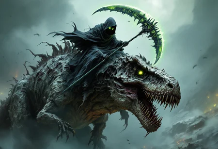 A chilling artwork featuring a horrifyingly transformed T-Rex dinosaur, now a decaying and fearsome zombie. Its rotting flesh exposes bones and sinew, with glowing, hollow eyes that emit an eerie light. The once-majestic creature now has tattered skin covered in dark necrotic patches, and its jagged, stained teeth hint at its gruesome meals. Atop this monstrous mount, a dark, ghostly figure cloaked in a billowing, ethereal robe sits with its face obscured by the hood, revealing only glowing eyes. The rider wields a massive, headed scythe with black and green blades adorned with glowing runes, emitting toxic green light. This weapon's intricate design and sinister aura are further enhanced by the scythe's
