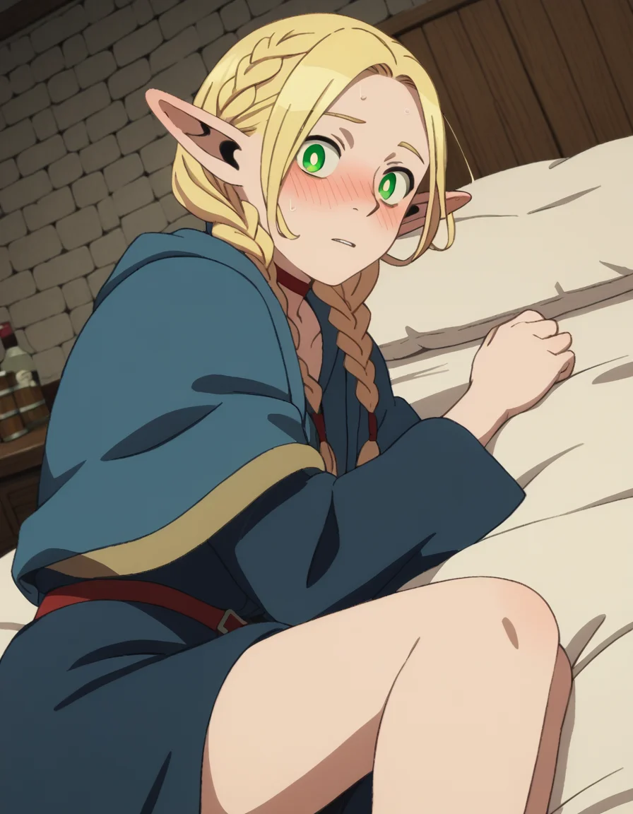 score_9, score_8_up, score_7_up, source_anime,
marcilledonato, <lora:marcille-donato-s1-ponyxl-lora-nochekaiser:1>,
marcille donato, long hair, blonde hair, green eyes, braid, pointy ears, twin braids, elf, bright pupils, parted bangs,
choker, robe, red choker,
indoors, bed, bed room, on side, blush, drunk,
looking at viewer, solo, cowboy shot, dutch angle,
