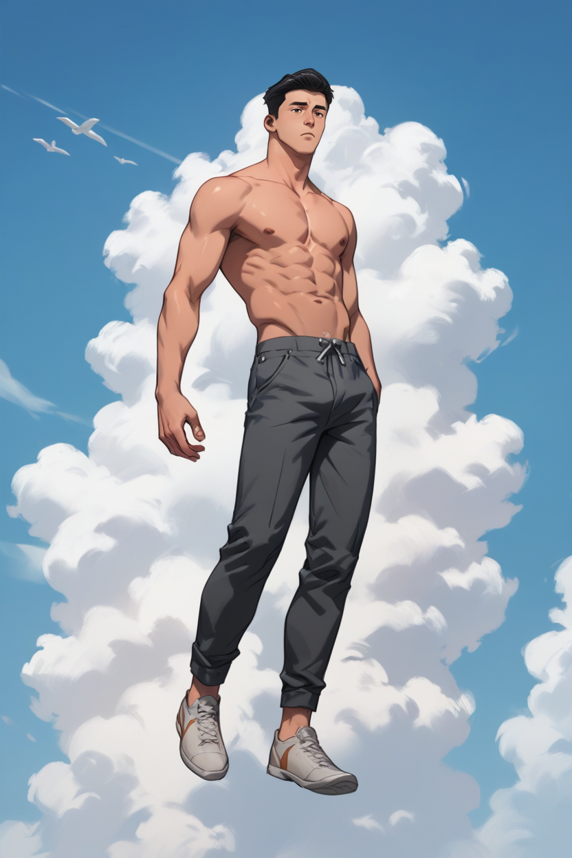 gay male, source_anime, score_9, score_8_up, score_7_up, score_6_up, score_5_up, score_4_up <lora:Mark_Grayson_Pony:0.7> mark_grayson, brown eyes, black hair, parody, in the sky, clouds everywhere, floating in sky, full body,  <lora:perfection style:1> perfection style