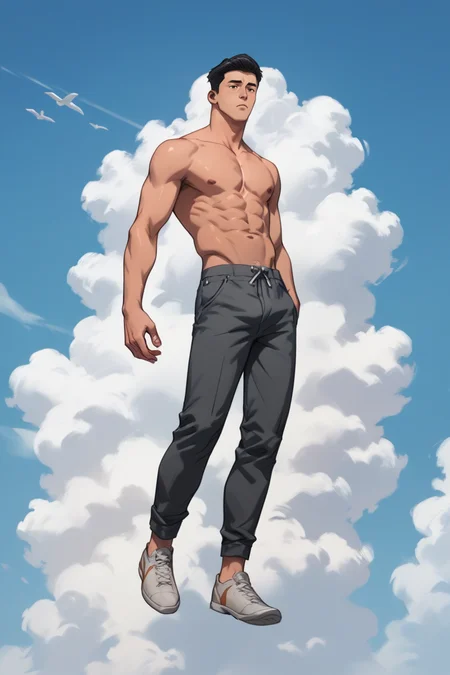 gay male, source_anime, score_9, score_8_up, score_7_up, score_6_up, score_5_up, score_4_up <lora:Mark_Grayson_Pony:0.7> mark_grayson, brown eyes, black hair, parody, in the sky, clouds everywhere, floating in sky, full body, <lora:perfection style:1> perfection style