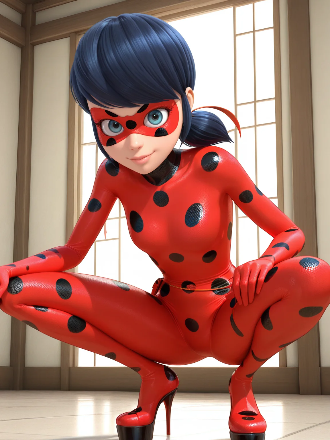 <lora:LedybugIL:0.8>  l_b, 1girl, fair skin,  black hair, shoulder-length hair with pigtails, light pink lips, blue eyes,  red polka-dot bodysuit,   red polka-dot domino mask,
looking at viewer, squatting, front view, spreading legs, platform high heels