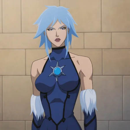 <lora:killerfrostassault_pony_v1:.7> killerfrost, 1girl, blue hair, breasts, bare shoulders, short hair, long dress