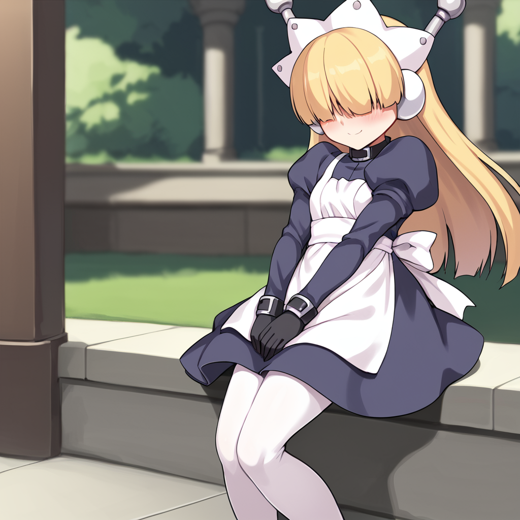 score_9, score_8_up, score_7_up, BREAK source_anime, rating_explicit, best quality, masterpiece, uncensored, 1girl, <lora:tesse_pony:1> tesse, 1girl, solo, hair over eyes, dress, blonde hair, puffy sleeves, long sleeves, purple dress, maid, apron, juliet sleeves, maid apron, gloves, white apron, white pantyhose, blush, (chibi:0.7), standing, hands between legs, in garden, light smile, closed mouth