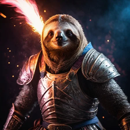sloth wearing metal armor, holding sword, sloth knight in an action pose, super epic, (shallow depth of field:2), Chiaroscuro Lighting Style, fire particles in the air, detailxl, mysterious lights gradients of pink orange and blue playing in the dark background, determined face, cinematic particles in the foreground