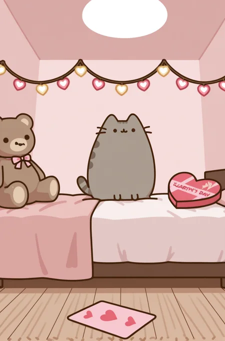 masterpiece, best quality,very aesthetic, giant teddy bear, Valentine's Day card, cozy bedroom, fairy lights, warm and fuzzy vibes, Pusheen <lora:PusheenIXL:1>
