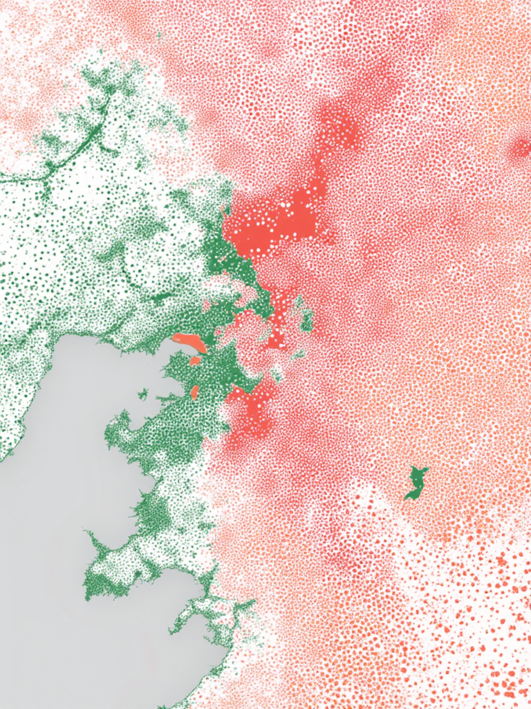 halftone_glitch, zoning and density map for city skylines, color-coded areas, top-down view, infographic style, <lora:General Flux\darkdescent-halftone-glitch.safetensors:0.9500000000000001:1.0>