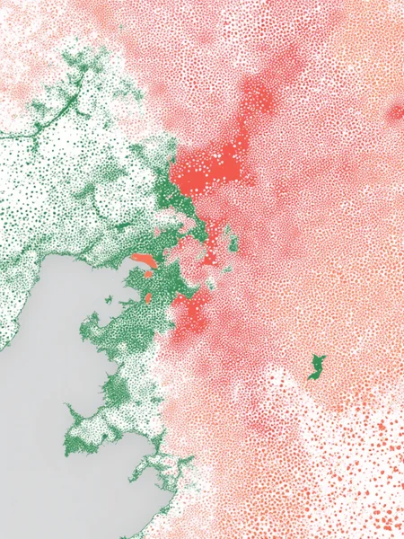 halftone_glitch, zoning and density map for city skylines, color-coded areas, top-down view, infographic style, <lora:General Flux\darkdescent-halftone-glitch.safetensors:0.9500000000000001:1.0>