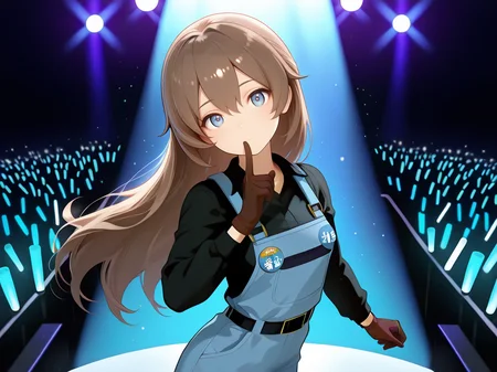 long sleeves,cowboy shot,<lora:IL_Toyu_Hitoka:1>,1girl,solo,Toyu Hitoka,fl_t,blue overall,glowstick,stage,concert,stage lights,audience,spotlight,head tilt,dutch angle,blue eyes,brown hair,long hair,collared shirt,belt,blue overall,black collared shirt,brown gloves,badge on chest,knee pads,bloom,backlighting,light particles,foreshortening,looking at viewer,from above,close-up of face,intense angle,index finger raised,finger to mouth,arched back,no mouth,side glance,, masterpiece,amazing quality,best quality,ultra-detailed,8K,illustration,CG,shiny hair,clear skin,ultra-detailed-eyes,ultra-detailed-background,