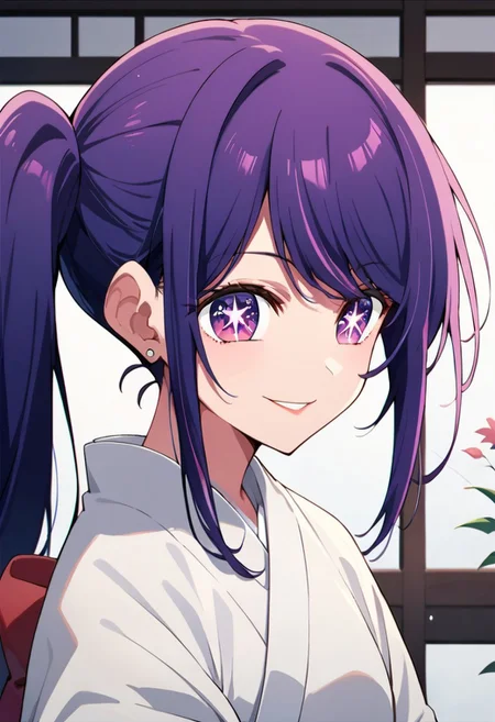 score_9, score_8_up, score_7_up, source_anime,hoshino ai, purple eyes, purple hair, star-shaped pupils, symbol-shaped pupils, long hair,1girl, solo, japanese clothes, kimono, side ponytail, earrings, jewelry, smile, sash