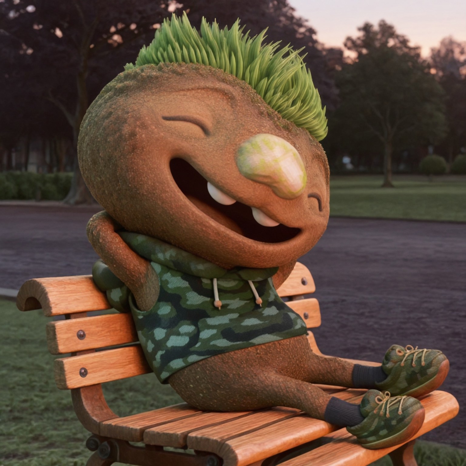 uncensored, masterpiece, best quality, highly detailed, realistic, 1boy, solo, ClodEM, male humanoid, elemental creature, earth elemental, green hair, grass hair, short hair, eyes closed, stone nose, brown body, short male, smile, open mouth, teeth, (grass, park), sunny, afternoon, detailed background, (5 fingers), (camo hoodie vest, white drawstrings, black socks, green and brown sneakers), side view, lying, lying on bench, bench, hands behind head