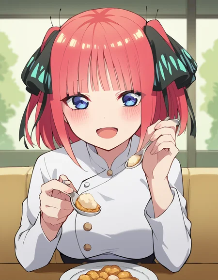 score_9, score_8_up, score_7_up, source_anime, <lora:nnakano-s2-ponyxl-lora-nochekaiser:1>, short hair, bangs, blue eyes, hair ornament, hair ribbon, pink hair, blunt bangs, two side up, butterfly hair ornament, large breasts,, <lora:incoming-spoon-ponyxl-lora-nochekaiser:1> incoming food, spoon, holding, holding spoon, food, looking at viewer, open mouth, blush, smile, restaurant, plate, hand up,, ,