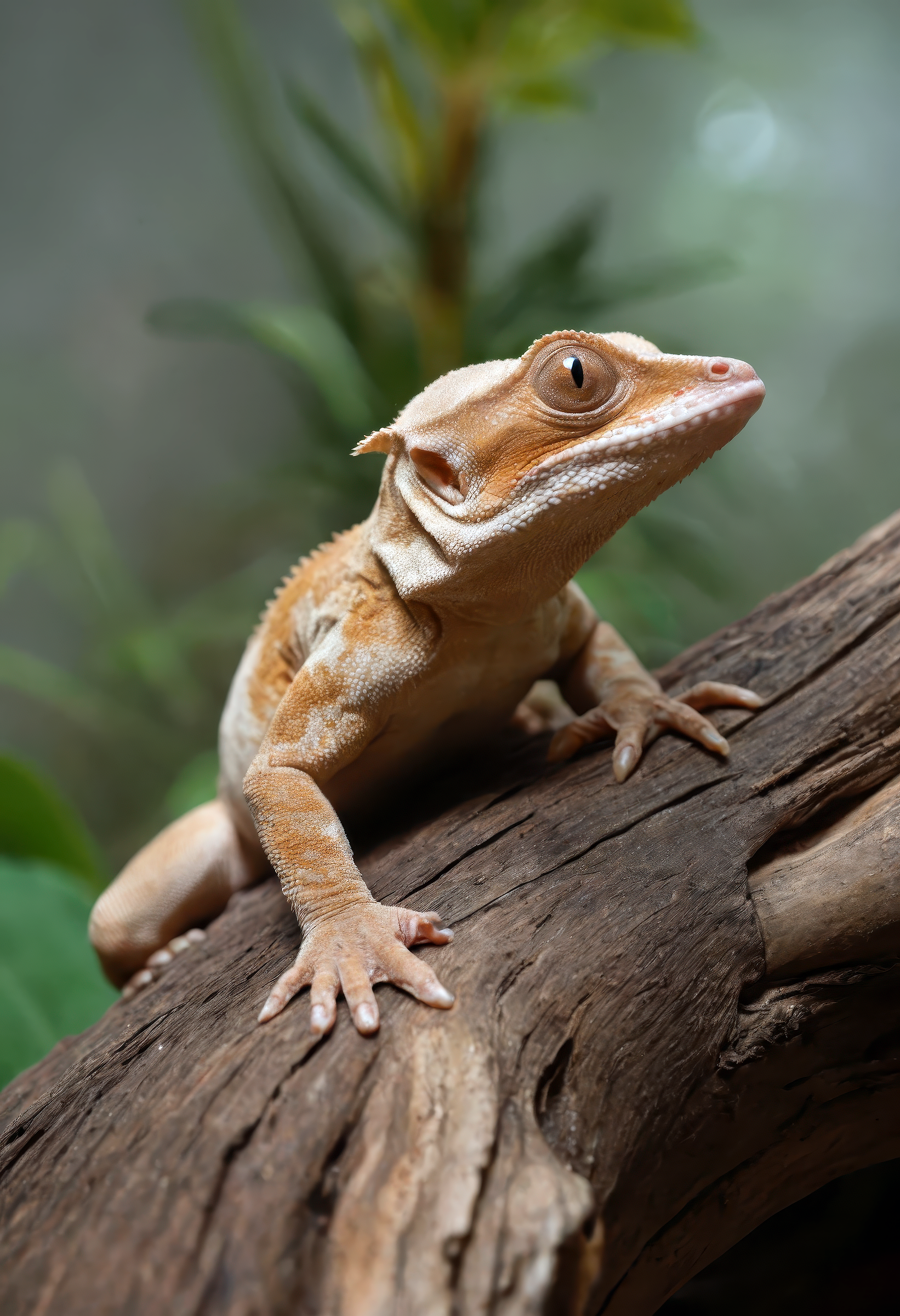 A photorealistic close-up portrait of a crested gecko perched gracefully on a weathered piece of driftwood in a lush, misty terrarium, its textured skin vividly rendered with a mottled mix of earthy browns, grays, and subtle red undertones, the bumpy, scale-rich surface catching natural light with lifelike reflections and micro-detail, large lidless amber eyes with vertical pupils reflecting the tropical surroundings with glassy clarity, short horn-like crests and a blunt snout lending it a dragon-like appearance, each delicate toe and claw gripping the wood with precise realism, soft background blur reveals tropical plants, moss, and gentle mist, captured with soft natural light and shallow depth of field, cinematic 35mm film still aesthetic, ultra-detailed DSLR macro wildlife photography style