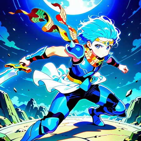 masterpiece, best quality, amazing quality, very aesthetic, absurdres, newest, ceodorff4tay, 1boy, short blue hair, sleeveless, circlet, patterned scarf, spiked pauldrons, blue armor, blue vambraces, white loncloth, blue greaves, thigh armor, black pants, holding sword, action pose, looking at viewer, toned male, moon surface background, (((young adult)))