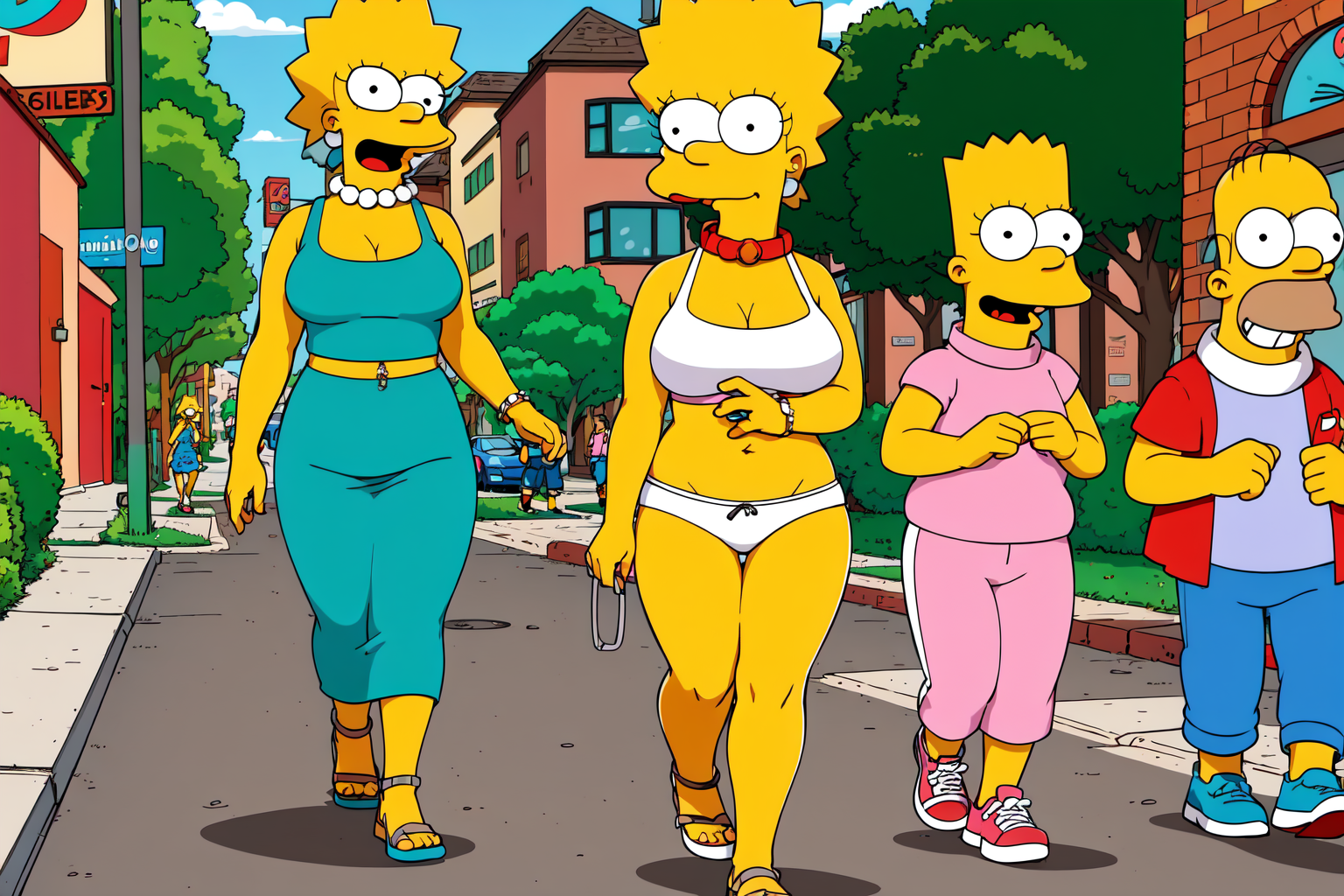 solo a woman with sexy body and outfit, blonde hair, walking in the sidewalk, EdobSimpsons  <lora:EdobSimpsons_v1.1:0.8>