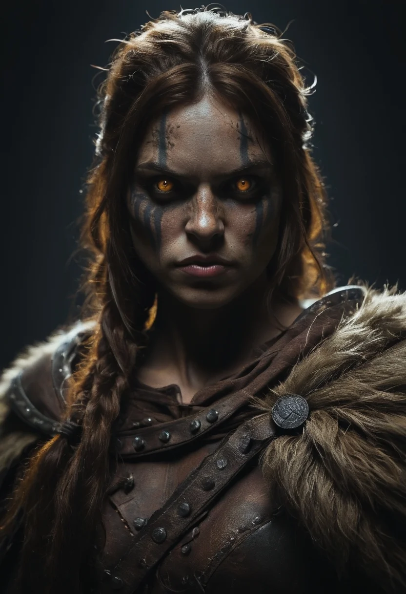 1girl, viking female warrior, dark background, vibrant, sharp focus,, dim light, dark mood