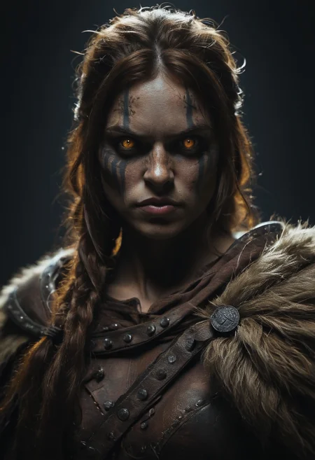 1girl, viking female warrior, dark background, vibrant, sharp focus,, dim light, dark mood