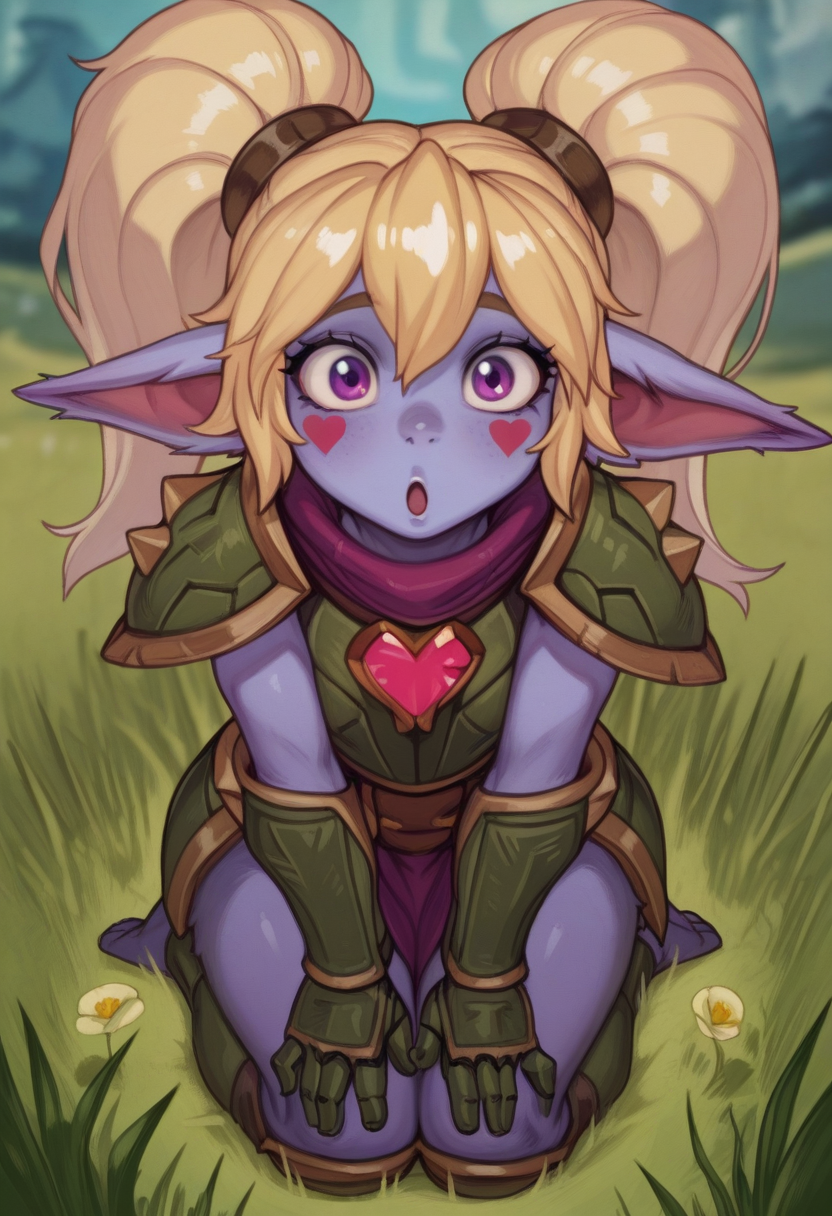 m113rstyle,   masterpiece, best quality, solo,                                                                                                                                         poppy \(league_of_legends\), blonde hair, armor, purple skin, love hearts,  seated on grass,  silly expression, grassy fantasy background