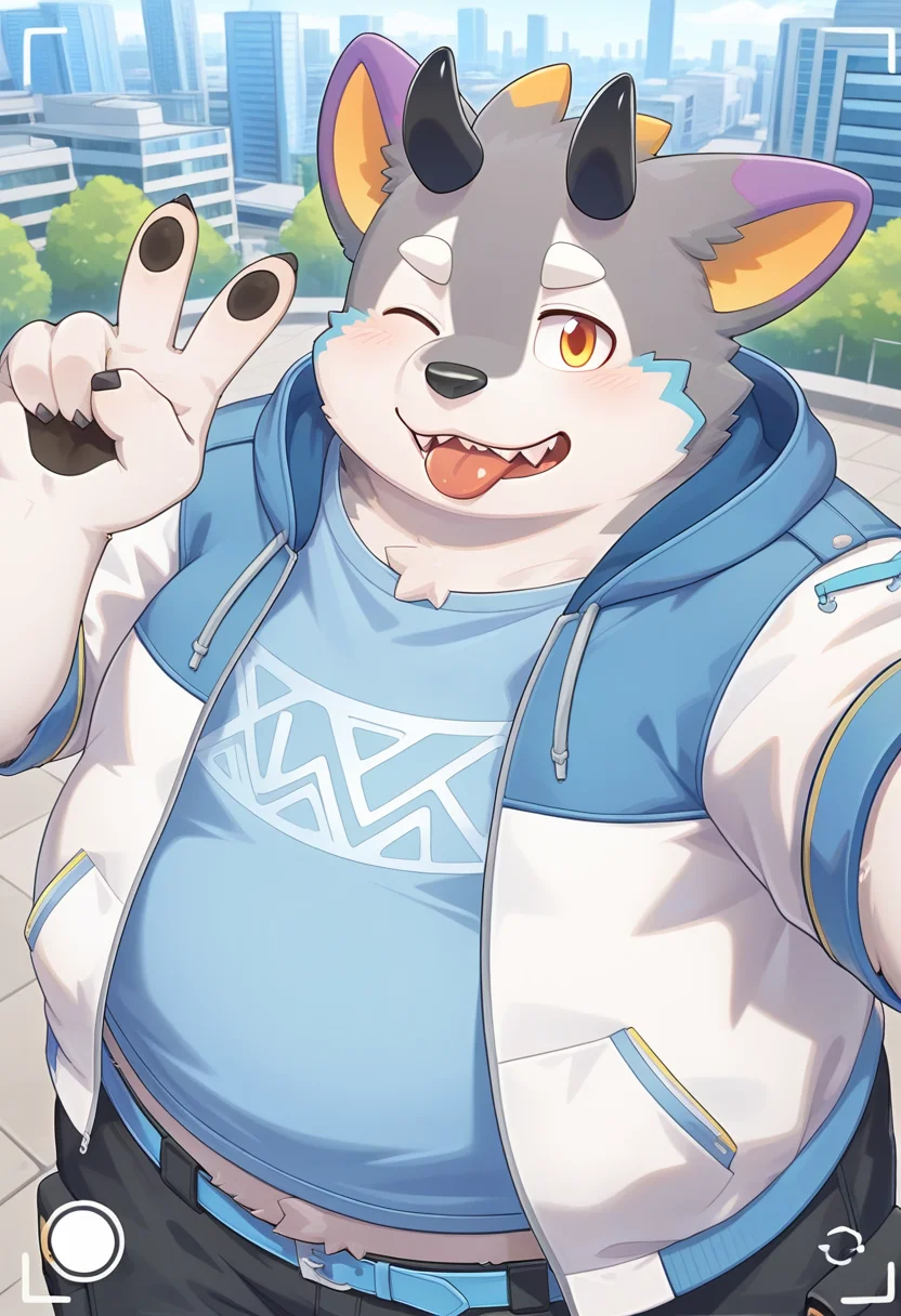 detailed, vibrant, (no lineart:0.5), detailed background, amazing_quality, best quality, <lora:belphegor-15A:1> hbelp, dog_boy, (grey two-tone skin), 1boy,
, hooded_jacket, blue t-shirt, blue belt, cargo shorts, black cargo shorts, two-tone jacket, blue jacket, white jacket, v, selfie, one eye closed, tongue out, smile, from above, outdoors, city, upper body, fake screenshot, photoshop \(medium\), white sleeves, plump,