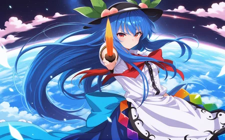 absurdres, highres, masterpiece, best quality, amazing quality, official anime artwork, screencap, anime screencap, outdoors, dynamic pose, looking at viewer, 
<lora:Tenshi-Hinanawi_Illustrious:1> hinanawi tenshi, 1girl, solo, red eyes, blue hair, long hair, hat, peach hat oranement, red bowtie, white shirt, short sleeves, apron, petticoat, blue skirt, holding, sword of hisou, kaname-ishi , 
space, earth, serious, figthing stance, light particles, cloud, flying,
