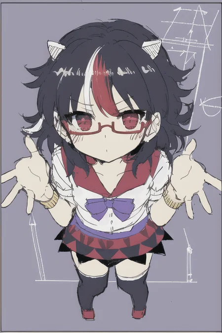 masterpiece, best quality, (((1girl))), solo, solo focus, (((kijin seija))), horns, red eyes, multicolored hair, black hair, streaked hair, short hair, red hair, white hair, dress, bow, jewelry, bracelet, white dress, blue bow, puffy short sleeves, puffy sleeves, bowtie, blue bowtie, short sleeves, arrow \(symbol\), white shirt, blue sash, purple bowtie, purple bow, buttons, ribbon trim, multicolored clothes, back bow, sash, sailor collar, red sailor collar, (((black thighhighs))), (((glasses))), skinny, narrow waist, petite, flat chest, (((rough sketch))), (((flat color))), (((sketch))), watercolor effect, (((dim lighting))), (((linear hatching))), (((simple shading))), ((cel shading)), <lora:seijaKijin_seijaKijin:1>, <lora:Blueprint_v10:1>, (((blueprint))), (((math))), (((equation))), limberized lines from above illustration for solo view,1Loft blush&long nose, short hair blush with blush?, few hairs girlpanty:ns+, 1child, bad fingers on thighs |nsfwl
