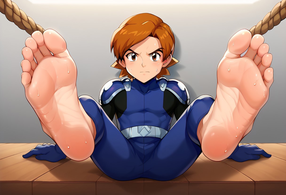 score_9, score_8_up, score_7_up, male only,  sweat, sweating, Legs spread, rope holding arms behind back, rope holding legs,looking at viewer,barefoot, male soles, five toes only on each foot, exposed soles, both feet in frame, feet up, soles, toes.tentacles on male,feet,NegfeetV2,flufftickles, feet focuse,Marc_Clark, Brown Hair, Brown Eyes,Blue Bodysuit, Blue Pauldrons, Blue Gloves,Belt