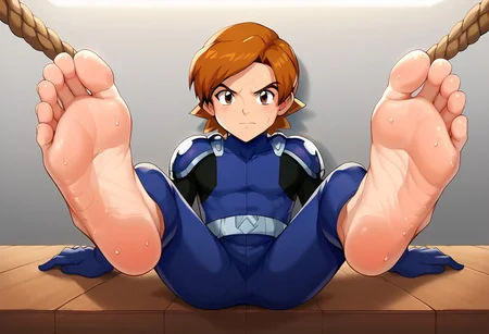 score_9, score_8_up, score_7_up, male only,  sweat, sweating, Legs spread, rope holding arms behind back, rope holding legs,looking at viewer,barefoot, male soles, five toes only on each foot, exposed soles, both feet in frame, feet up, soles, toes.tentacles on male,feet,NegfeetV2,flufftickles, feet focuse,Marc_Clark, Brown Hair, Brown Eyes,Blue Bodysuit, Blue Pauldrons, Blue Gloves,Belt