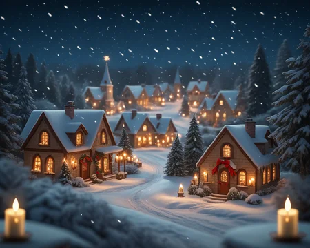 score_6_up,score_5_up,score_4_up, masterpiece, best quality, very aesthetic, life-like, depth of field, detailed textures, bright colors, natural light, ultra HD, fine details, soft background blur, <lora:Wolvies_Christmas_Village_STYLE_v241215.0040:1> xmas_village, holiday, Christmas, scenery, night, winter, Christmas tree, lamppost, a small village at (night:1.1), at Christmas time, with candles in the windows, snow covered, falling snow, cozy look at feel, cheery, incredible quality, highly realistic, incredible detail, 32k, complex, photographic quality, masterpiece, best quality, very aesthetic,, Albumen print, 1800s, depth of field, tilt shift, cottage, storybook architecture, Thomas Kinkade style, shimmering lights, brilliant colors