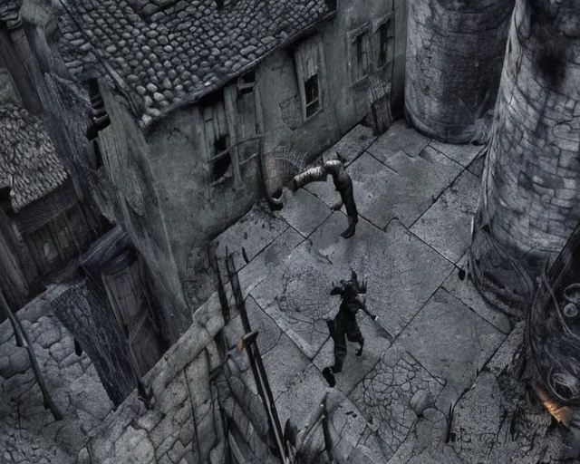 an old ps_game_screenshot of a ninja running on top of a roof, old medieval gothic village, hordes of undead roaming the streets, brass pipes, exterior, Lovecraftian, immersive, birds eye view, (concept art by dark souls) <lora:epiNoiseoffset_v2:1.4>
