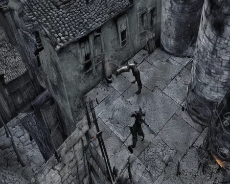 an old ps_game_screenshot of a ninja running on top of a roof, old medieval gothic village, hordes of undead roaming the streets, brass pipes, exterior, Lovecraftian, immersive, birds eye view, (concept art by dark souls) <lora:epiNoiseoffset_v2:1.4>
