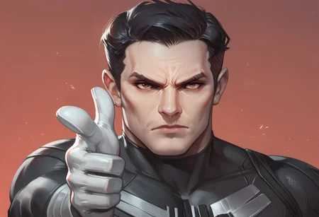 score_9, score_8_up, score_7_up, solo, close-up, portrait, concept art, realistic BREAK 1man, frank castle, Punisher style, marvel, short hair, black hair, fair skin, v-shaped eyebrows, furrowed brow, brown eyes, (looking at viewer), scowl, stubble, square jaw, masculine, black bodysuit, finger gun, pointing at viewer, white gloves, ((red background)),
