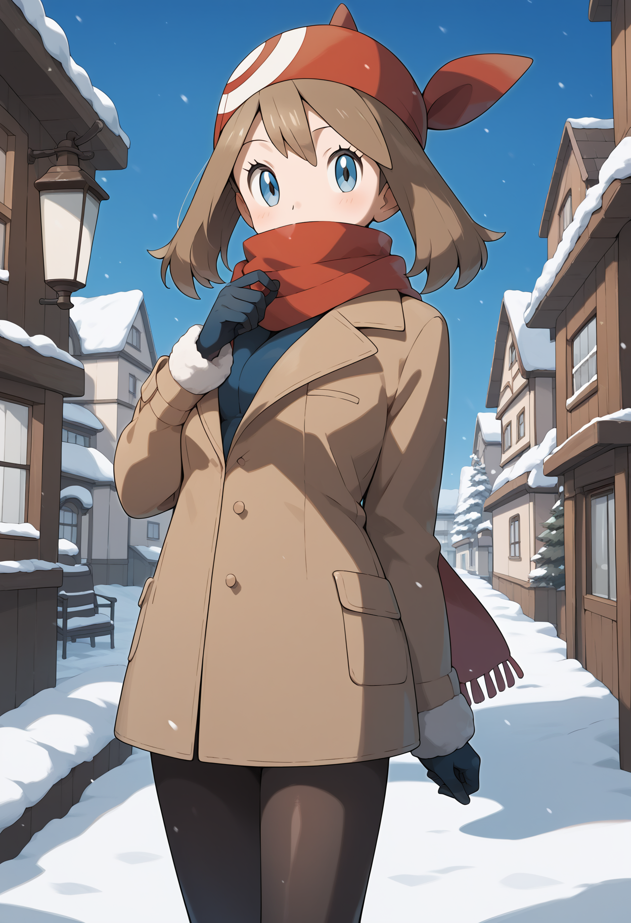 score_9, score_8_up, score_7_up, score_6_up, score_5_up, score_4_up, source_anime, aamay, brown hair, red bandana, blue eyes, breasts, <lora:may_(pokemon)_ponyxl_v1:0.9>, winter clothes, scarf, black pantyhose, snow, outdoors, city, standing, cowboy shot,