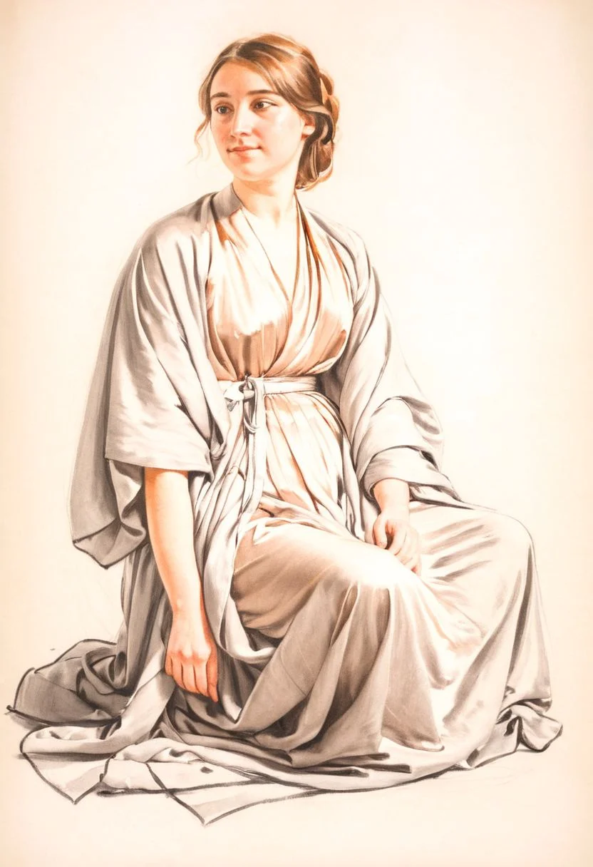 a sketch of a woman, simple background, solo, sitting, robe, drapped, cloth, full body, <lora:sketch_study_XL_resize:1>