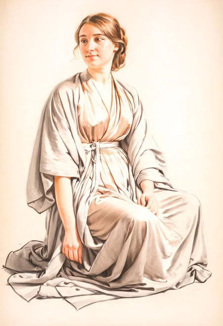 a sketch of a woman, simple background, solo, sitting, robe, drapped, cloth, full body, <lora:sketch_study_XL_resize:1>