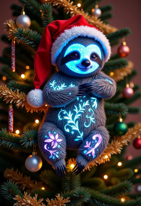 ck-sl0thmas photograph of a relaxed sloth hanging lazily from a decorated Christmas tree, its fur adorned with intricate, glowing bio ink leaf and vine tattoos that shimmer softly in shades of blue, green, and violet. In the photo, the sloth wears a cozy red Santa hat with fluffy white trim. The Christmas tree is lush and adorned with twinkling fairy lights, colorful ornaments, and strands of shiny tinsel. The sloth hangs upside down in the tree, surrounded by sparkling baubles and candy canes. The warm glow of the Christmas lights reflects off its luminescent tattoos, creating a magical and festive ambiance.