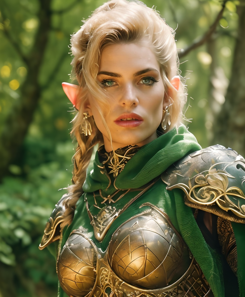 RAW photo, (masterpiece:1.3), subsurface scattering, heavy shadow, (high quality:1.4), (intricate, high detail:1.2), professional photography, HDR, High Dynamic Range, realistic, ultra realistic, photorealistic, high resolution, film photography, ambient lighting, atmospheric effects, <lora:detail_slider_v4:2>, OverallDetail, Samantha, <lora:Samantha:1>, as a female wildelf ranger, green cloak, headdress, jewelry, intricate armor, in the forest, dynamic pose, <lora:Wildelf:0.7>, epiCPhoto