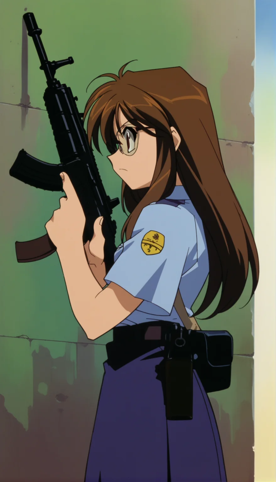 score_9,score_8_up,score_7_up,Nikaido Yoriko Pony,1990s \(style\),1girl,solo,glasses,brown hair,brown eyes,long hair,gun,weapon,rifle,holding weapon,holding gun,blue shirt,blue skirt,short sleeves,shirt,aiming,<lora:Nikaido Yoriko Pony:0.9>,upper_body,from side,