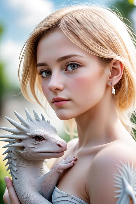 (symmetric), (exceptional, best aesthetic, new, newest, best quality, masterpiece, extremely detailed:1.2)1girl, half body, closeup portrait of a beautiful 21yo woman with (a little white dragon in her arms), surrounded by white clouds, looking away, piercing eyes, fairyland at background, detailed face, detailed skin, hd, dream, ultra wide angle, hyperrealism, hyper detailed, centered <lora:LCM_LoRA_Weights_SD15:1>
20yo,
