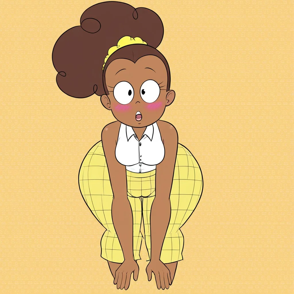 (Luan Loud,brown hair,ponytail,black eyes,yellow scrunchie)  (tall:0.7) (small breasts,thin arms,huge hips,huge thighs,huge butt,long legs) (white shirt,collared shirt,sleeveless,yellow skirt,plaid skirt) (brown skin:1), (bottomless), (bottom-heavy), bent over, hands on floor, on all fours, blush, blushing front above