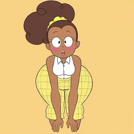 (Luan Loud,brown hair,ponytail,black eyes,yellow scrunchie) (tall:0.7) (small breasts,thin arms,huge hips,huge thighs,huge butt,long legs) (white shirt,collared shirt,sleeveless,yellow skirt,plaid skirt) (brown skin:1), (bottomless), (bottom-heavy), bent over, hands on floor, on all fours, blush, blushing front above