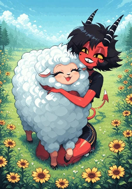 <lora:d3p1x3lXLP:1> d3p1x3l, pixel art, source_pixel, screencap, sprinh theme BREAK 1girl, millie, helluva boss, smile, imp tail, horns, red skin, thick thighs, bottom heavy, cute, long eyelashes, (beautiful detailed eyes), sports outfit BREAK Minecraft sheep, (hugging a sheep:1.3) BREAK outside, flowers BREAK sharp focus, perfect lighting, anatomically correct, extremely detailed, tranquil setting, high detail, serene and cozy, Expressiveh, detailed background, OverallDetail, zPDXL3