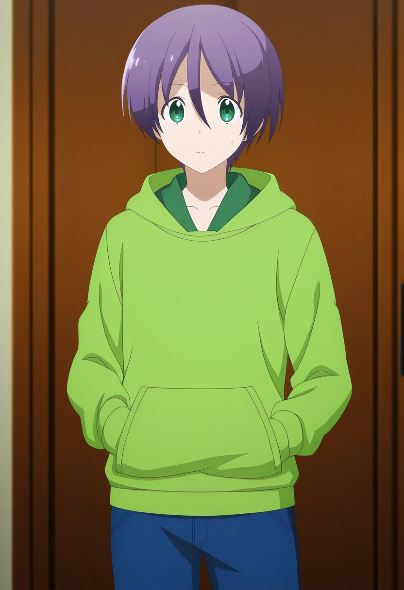 masterpiece, best quality, anime screencap, official style, anime coloring, cowboy shot, 1boy, solo, male focus, <lora:nasa_yuzaki_ilxl:0.9>, nasa_yuzaki, purple hair, green eyes, short hair, hair between eyes, green hoodie,
