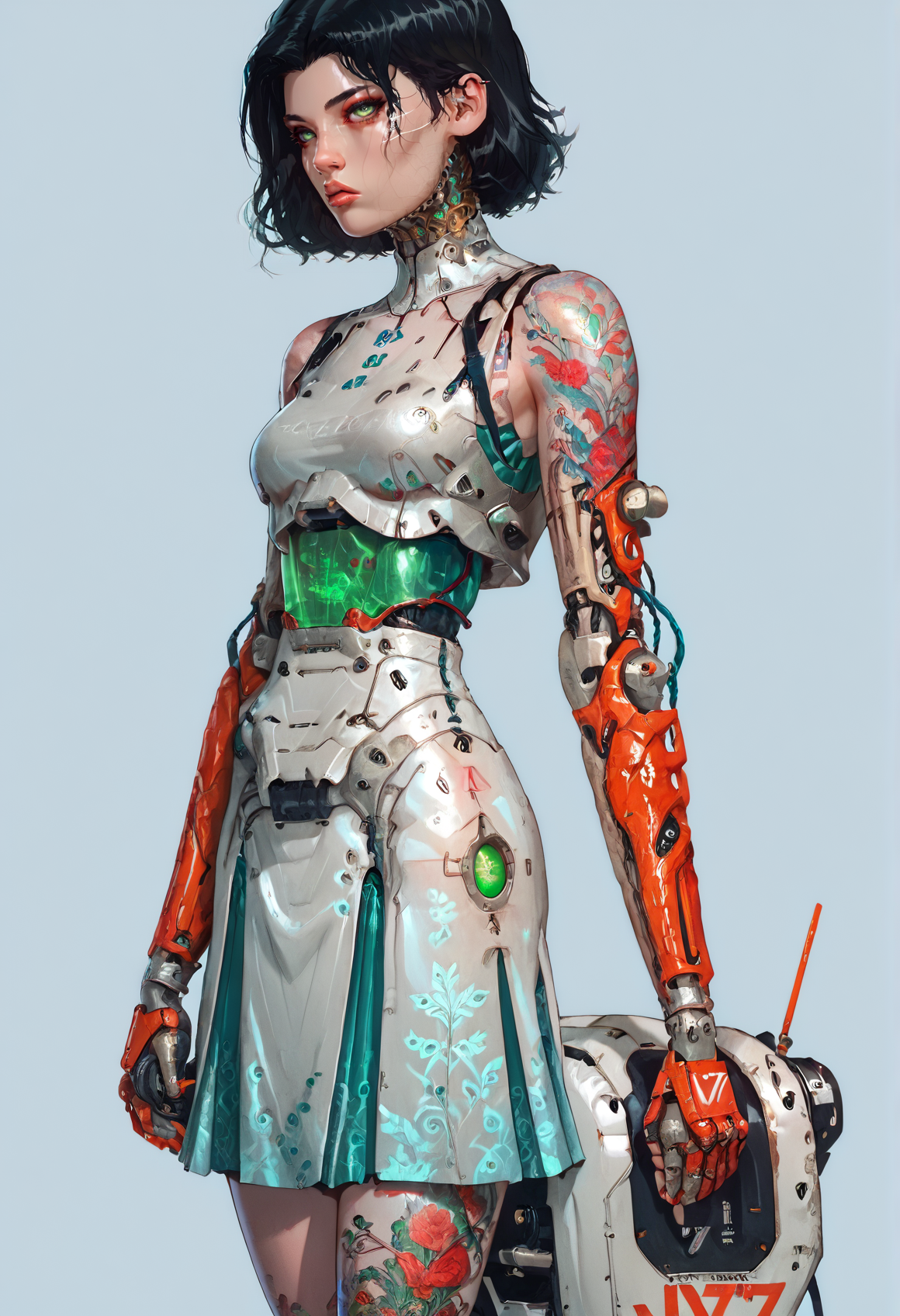 score_9,score_8_up,score_7_up,score_6_up,score_5_up,score_4_up,1 girl,solo,female focus,looking at the spectator,(Oval face, emerald green eyes, thin lips, long straight jet-black hair, 5'6", 127 lbs, medium breasts, narrow waist, athletic body, a phoenix tattoo on the left arm, light brown skin, high cheekbones, and a slender neck.:1.3),(A silver lace bra teamed with a royal blue puffy mini skirt, completed with sleek silver high heels on a platform, with intricate lace patterns and a voluminous skirt made of shimmering silk, creating a striking and elegant contrast.:1.3),(plain contrasting background:1.3),(full-length:1.5),hands,Perfect hand,Perfect feet,Perfect eyes,cyb0rg,science fiction,cable,mechanical parts,<lora:feet v3:1>,<lora:hand 4:1>,<lora:PerfectEyesXL:1>,zPDXL2,zPDXLpg,<lora:cyb0rgXLP:0.8>,<lora:add-detail-xl:1>,<lora:DP-Pony:1>,p33rs,<lora:incase-ilff-v3-4:0.2>,