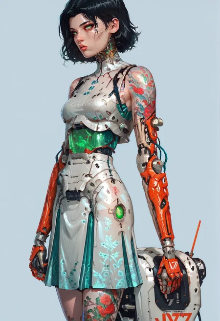 score_9,score_8_up,score_7_up,score_6_up,score_5_up,score_4_up,1 girl,solo,female focus,looking at the spectator,(Oval face, emerald green eyes, thin lips, long straight jet-black hair, 5'6", 127 lbs, medium breasts, narrow waist, athletic body, a phoenix tattoo on the left arm, light brown skin, high cheekbones, and a slender neck.:1.3),(A silver lace bra teamed with a royal blue puffy mini skirt, completed with sleek silver high heels on a platform, with intricate lace patterns and a voluminous skirt made of shimmering silk, creating a striking and elegant contrast.:1.3),(plain contrasting background:1.3),(full-length:1.5),hands,Perfect hand,Perfect feet,Perfect eyes,cyb0rg,science fiction,cable,mechanical parts,<lora:feet v3:1>,<lora:hand 4:1>,<lora:PerfectEyesXL:1>,zPDXL2,zPDXLpg,<lora:cyb0rgXLP:0.8>,<lora:add-detail-xl:1>,<lora:DP-Pony:1>,p33rs,<lora:incase-ilff-v3-4:0.2>,