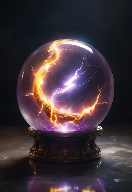 A mystical orb floats slightly above a neutral gray surface, glowing with intense inner energy. The orb is perfectly spherical, its glassy surface reflecting ambient light with high gloss and clarity. Deep crimson and amethyst hues swirl throughout its translucent shell, creating an otherworldly, fluid texture. (At its core, a fiery golden crack-like fissure radiates outward, resembling a vertical bolt of contained lightning or magical flame:1.4). The inner light pulses subtly, illuminating the interior with veins of glowing orange and yellow. Iridescent violet tendrils spiral around the fissure, resembling magical runes or arcane energy. The background is minimal and dark, ensuring the orb remains the primary focal point. The style is fantasy digital art, with high detail, soft lighting, and a semi-realistic rendering approach.
 magical artifact, fantasy orb, glowing crystal, enchanted sphere, mystical core, high detail, digital painting, arcane energy, ethereal glow, soft reflections, fantasy object design, semi-realistic style.
fantasy, magic, digital art, semi-realistic, glow effect, object-focused, artifact design, lazypos