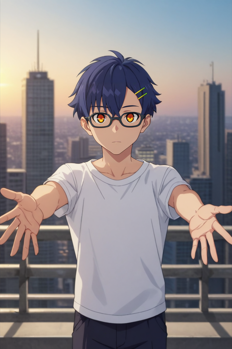 score_9, score_8_up, score_7_up, source_anime, rating_safe, intricate details, anime screencap, , , looking at viewer, , 1boy, solo, male focus, <lora:yomogi_asanaka_pony:0.76>, yomogi_asanaka, blue hair, orange eyes, short hair, bangs, hair between eyes, hairclip, hair ornament, glasses, cowboy shot, city, city lights, indoors, outstretched arms, relaxed, , <lora:sdxl_lightning_8step_lora:1>