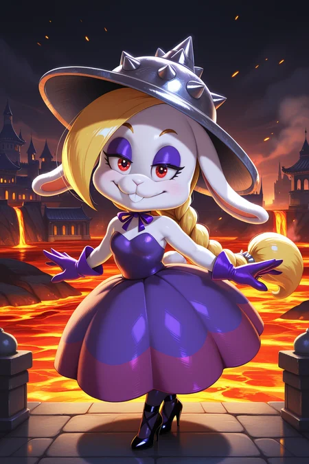 masterpiece, best quality, amazing quality, absurdres, mariohariet, blonde hair, single braid, white skin, furry female, rabbit girl, solo, smile, half-closed eyes, confident, outstretched arms, looking at viewer, spiked helmet, purple dress, purple gloves, black stiletto heels, outdoors, castle, east asian architecture, dark lighting, dark atmosphere, magma, lava, sparks, steam