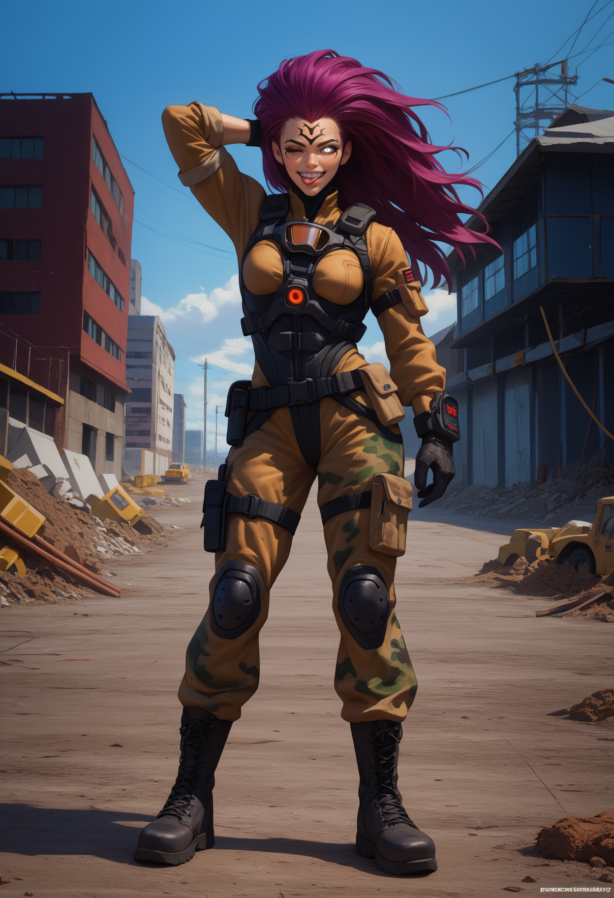 score_9, score_8_up,score_7_up, source_anime, 1girl, solo, <lora:Drksdfry_pdxl_EliPot:1> drksdfry, long hair, glowing eyes, white eyes, no pupils, purple hair, toned, muscular, muscular female, facial mark,
stealth suit, katana, night vision goggles, silent boots, digital camouflage,
playful, winking, sticking out tongue, hand behind head, playful grin, cheerful eyes,
at a construction site, outdoors,