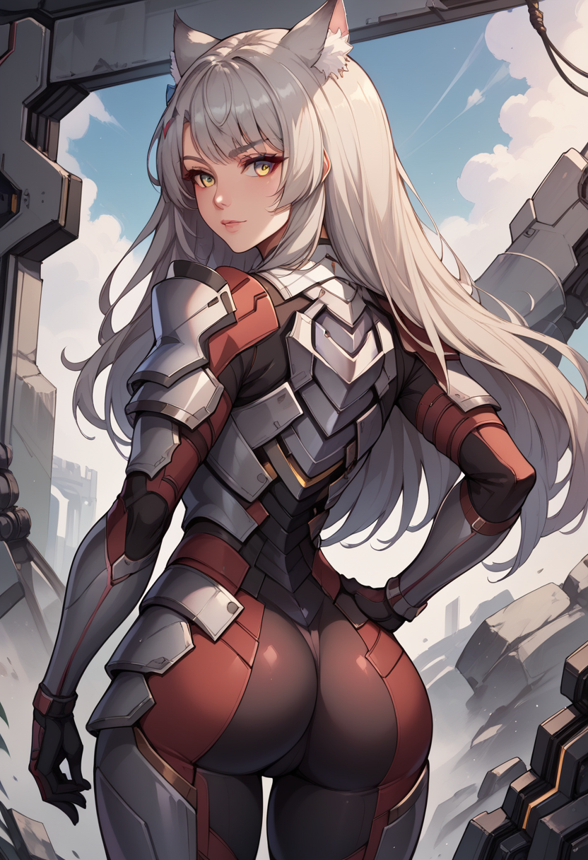 score_9, score_8_up, score_7_up, score_6_up, source_anime, BREAK, <lora:MioXenoblade3:1>, MioConsul, grey hair, long hair,  cat ears,  armor, bodysuit, looking at viewer,   technology, from behind, looking back, hand on own hip, yellow eyes,